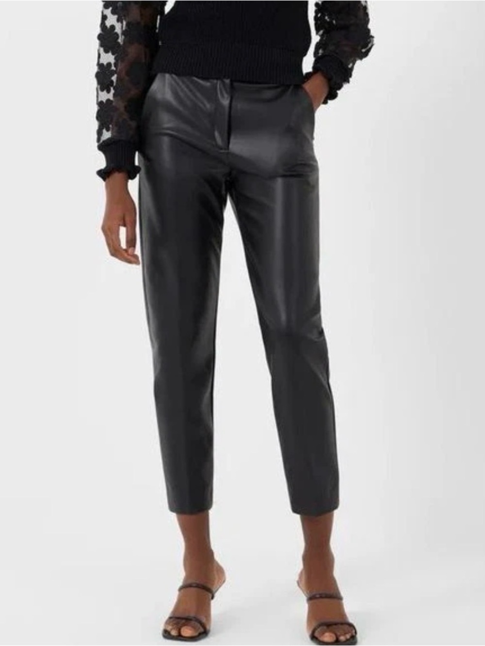 French Connection Black Faux Leather Women’s Cropped Trouser Pants Size 12 NWOT